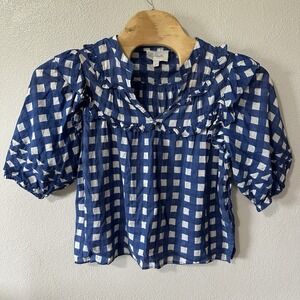 Cleobella Large Painterly Gingham‎ Blue Puff Sleeve Split Neck Millie Blouse Top